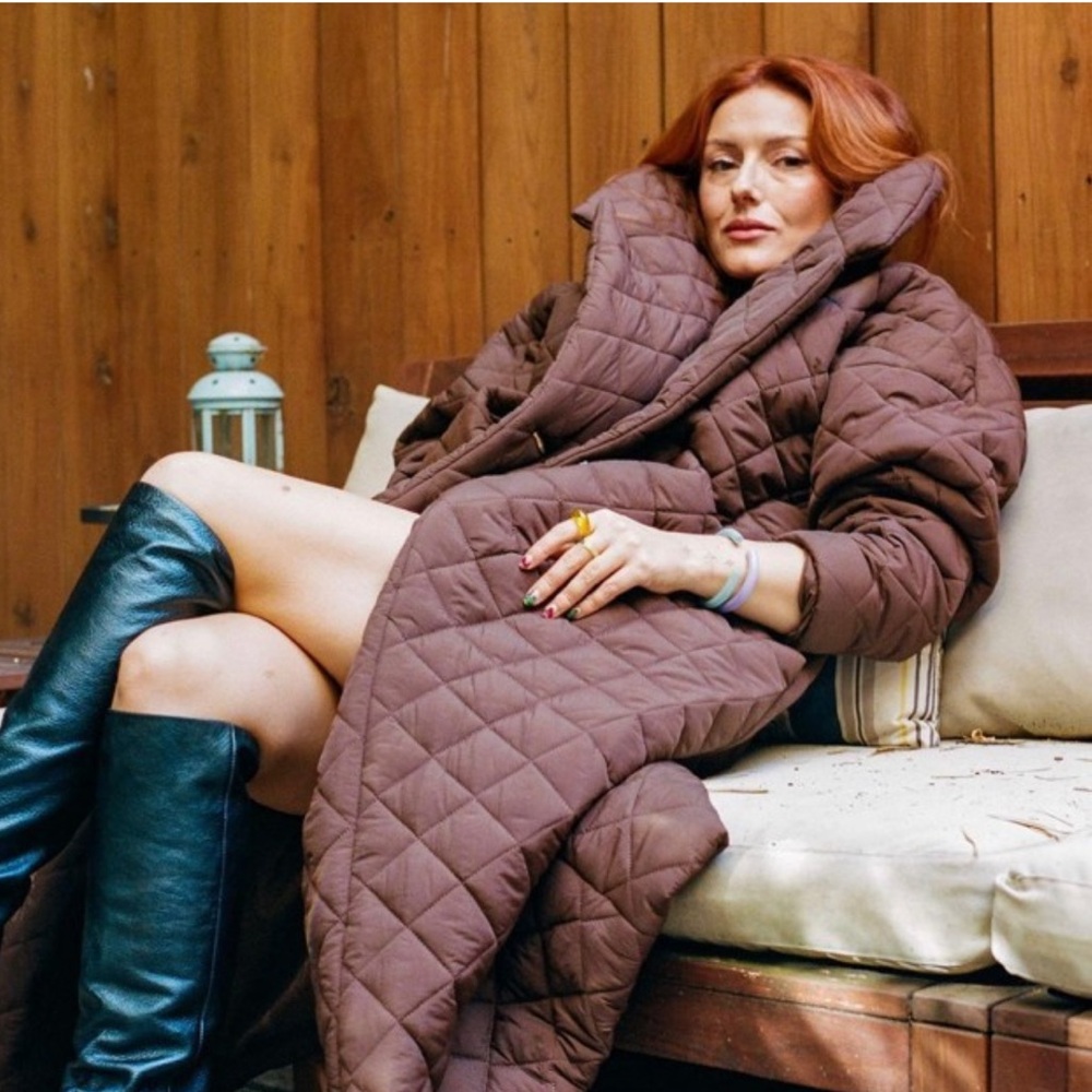MARIAM AL SIBAI Duvet Long Quilted Blanket Relaxed Liner Coat Army Olive Collar - Picture 8 of 9